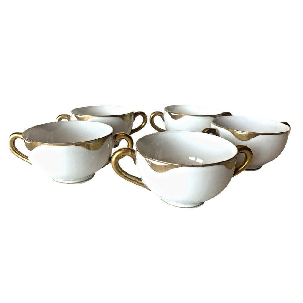 O & E‎ G Royal Austria Cream Soup Bowls Set of 5 White Gold Porcelain Antique